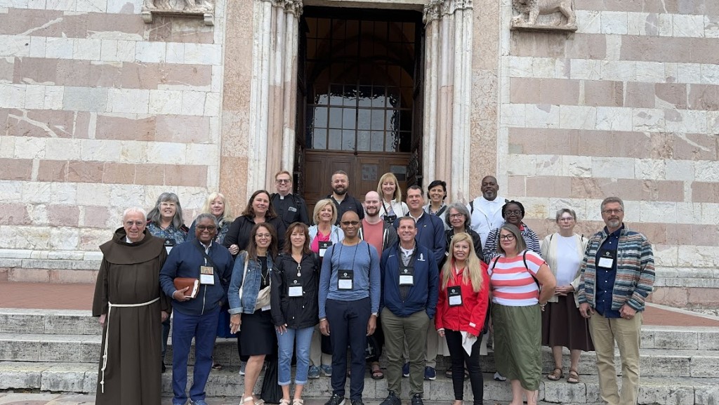 Our last day of pilgrimage in front of the Basilica of St. Clare